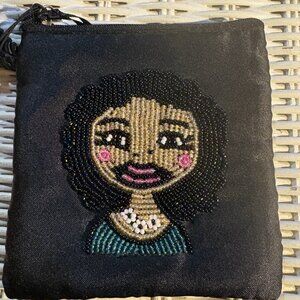 Elissa Bloom Beaded Satin WRISTLET Black Woman Lady Zipper Whimsical Purse NEW